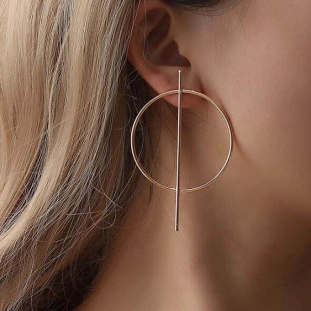 Gold Circle and Bar Drop Studs Earrings